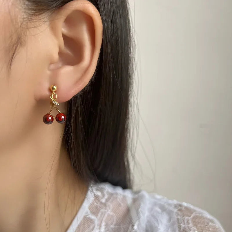 Luxury Red Cherry Fruit Drop Gold Tone Alloy Rhinestone Stud & Clip On No Piercing Dangle Earrings