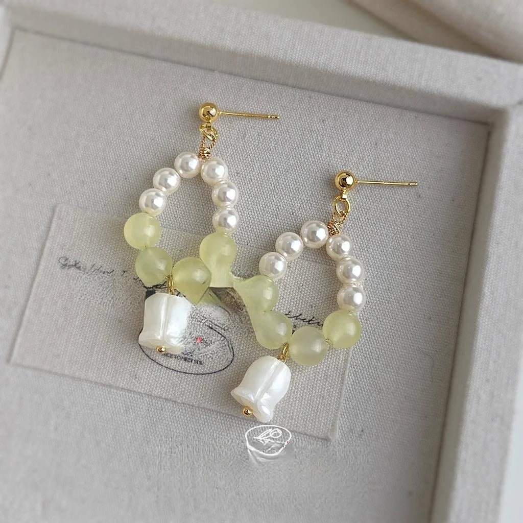 Handmade Jade Lily Of The Valley Tulip Drop Earrings Elegant Fresh Forest Style Geometric Jewelry
