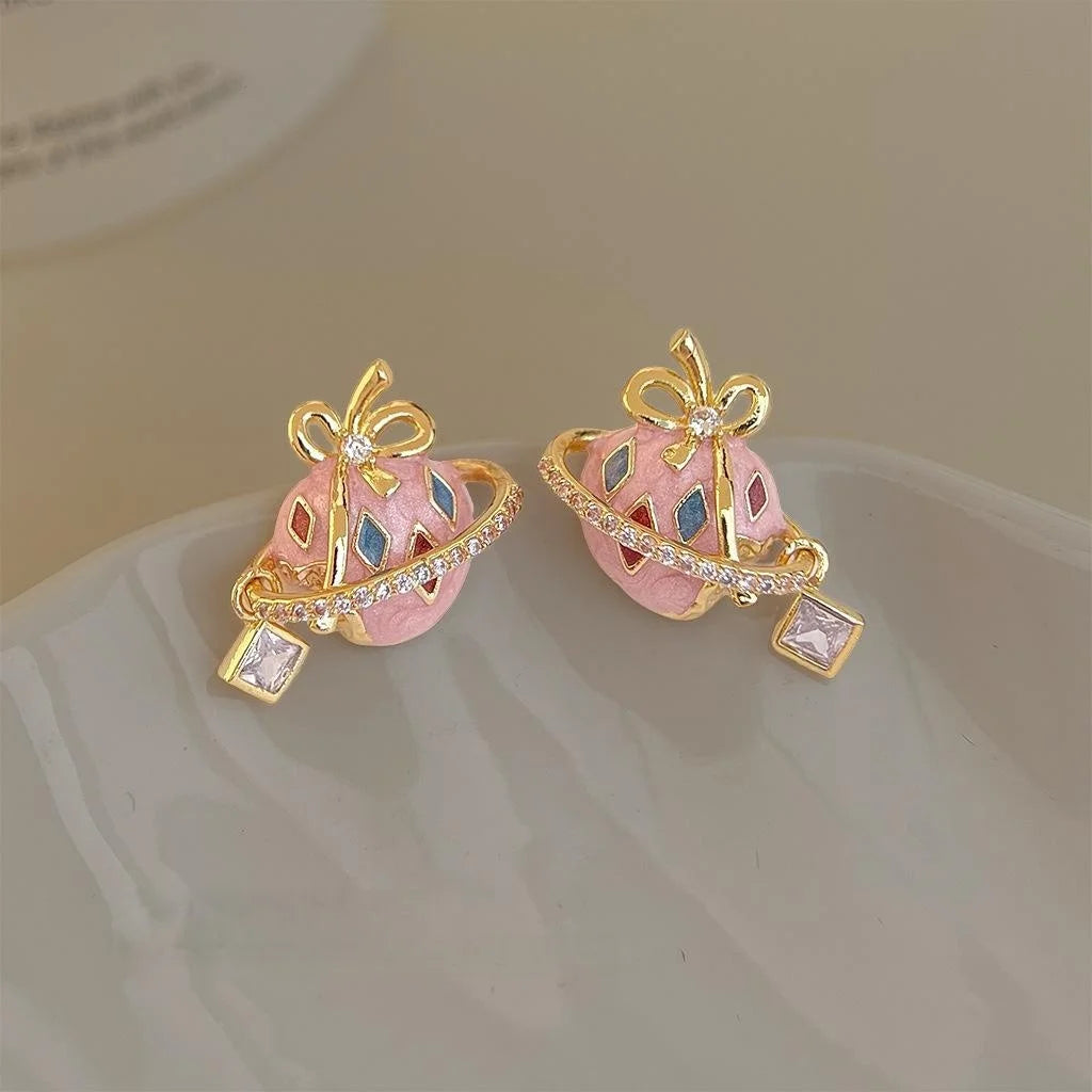 Sweet Strawberry Enamel Copper Zircon Stud Earrings Handmade Painted Fruit Geometric Jewelry