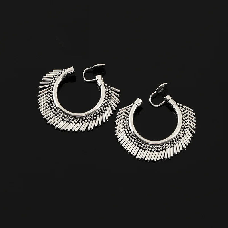 Vintage Alloy Round Hoop Tassel Stud & Clip On No Piercing Statement Fringe Vacation Earrings