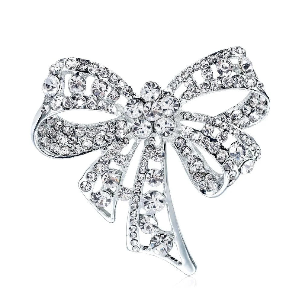 Elegant Rhinestone Bow Brooch Silver Alloy Crystal Lapel Pin Corsage For Women's Suit Accessory Gift