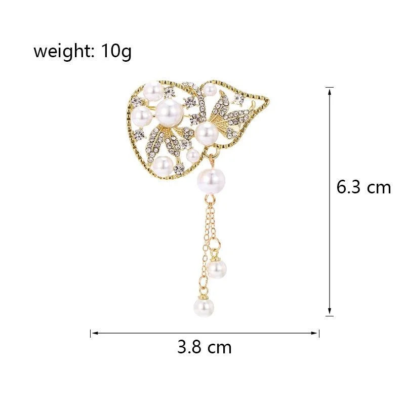 Vintage Pearl Gourd Tassel Brooch With Rhinestone Alloy Leaf Design, Elegant Lapel Pin Suit Accessory