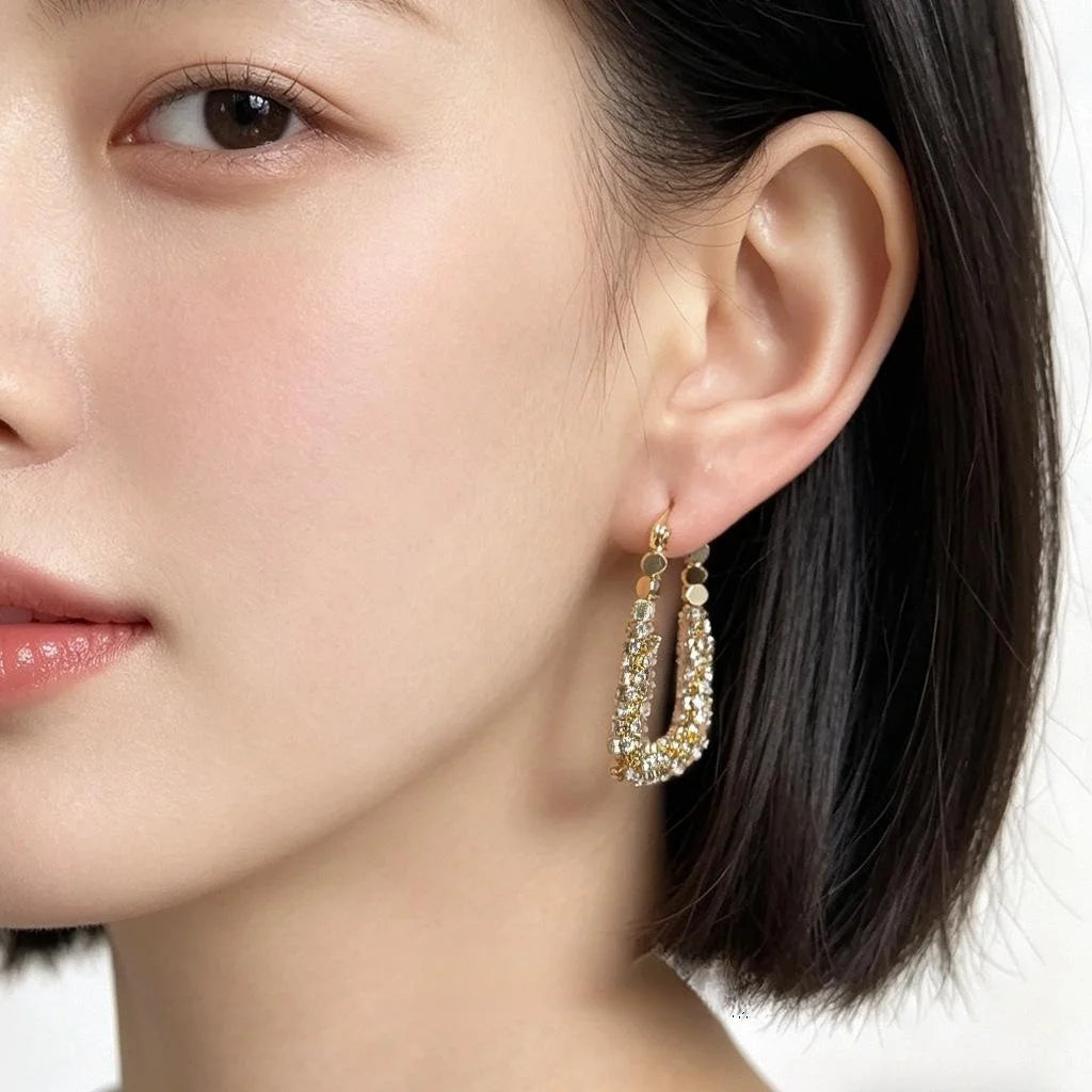 14K Gold Plated Copper Full Rhinestone Geometric Line Ring Drop Earrings For Light Luxury Commuter Style
