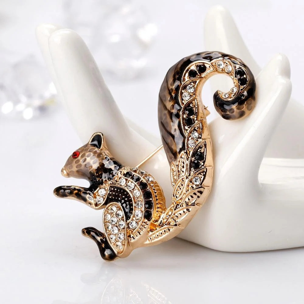 Luxury Gold Enamel Squirrel Brooch With Rhinestone Zircon Accents, Women's Lapel Pin Corsage Gift