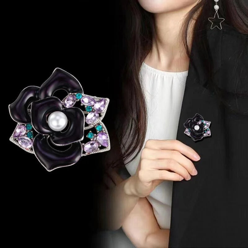 Elegant Purple Enamel Camellia Flower Brooch With Faux Pearl And Rhinestone, Women's Lapel Pin Gift
