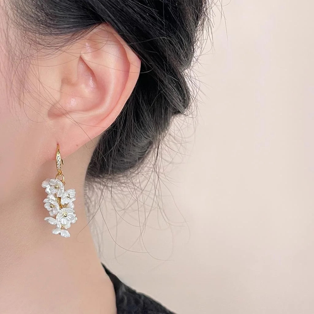 14K Gold Plated Copper Floral Tassel Drop Earrings With Micro Pave Zircon Sweet Handmade Jewelry