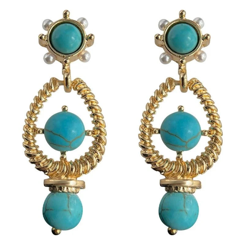 Vintage French High Luster Pearl Synthetic Turquoise Hollow Teardrop Drop Earrings