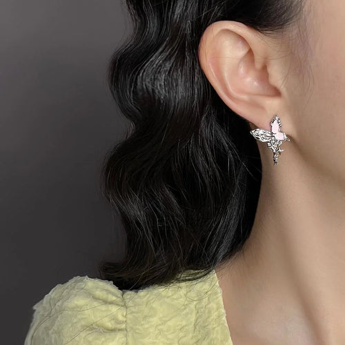 Sweet Cool Pink Enamel Butterfly Drop Earrings, Copper Liquid Texture Star Design