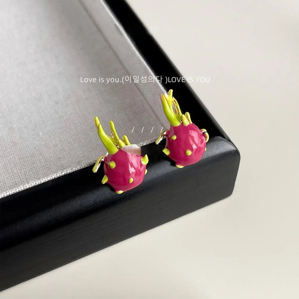 Sweet Dragon Fruit Enamel Copper Stud Earrings Trendy Geometric Fruit Jewelry