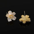 Elegant Sakura Flower Natural Shell Zircon Gold Alloy Stud & Clip On No Piercing Spiral Back Earrings