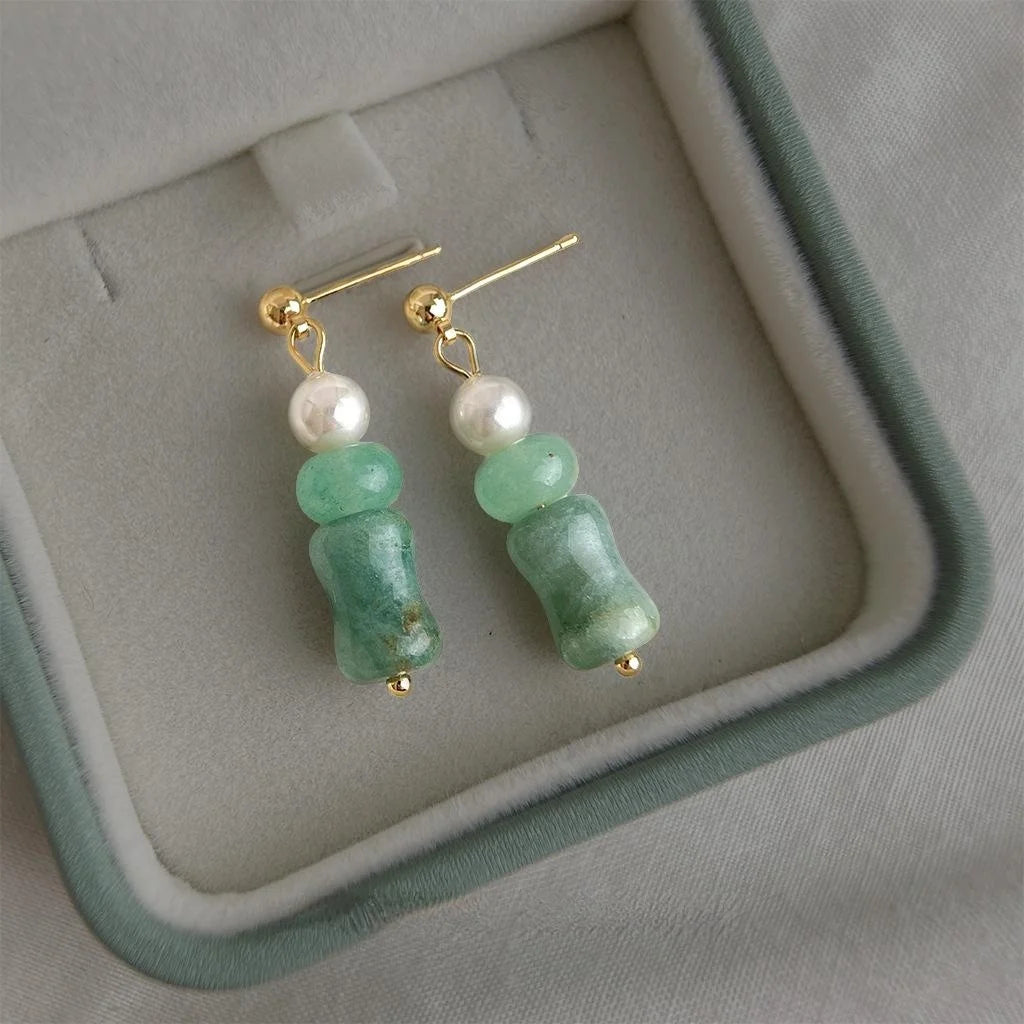 New Chinese Copper Green Jade Glass Bamboo Bead Stud Earrings Elegant Geometric Style