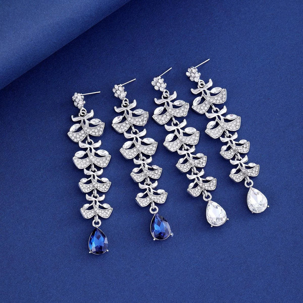 Luxury Rhinestone Leaf Tassel Earrings With Blue Teardrop Crystal, Elegant Long Dangle For Wedding Party