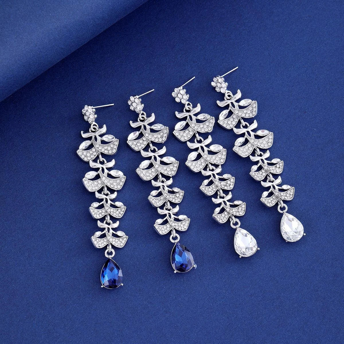 Luxury Rhinestone Leaf Tassel Earrings With Blue Teardrop Crystal, Elegant Long Dangle For Wedding Party