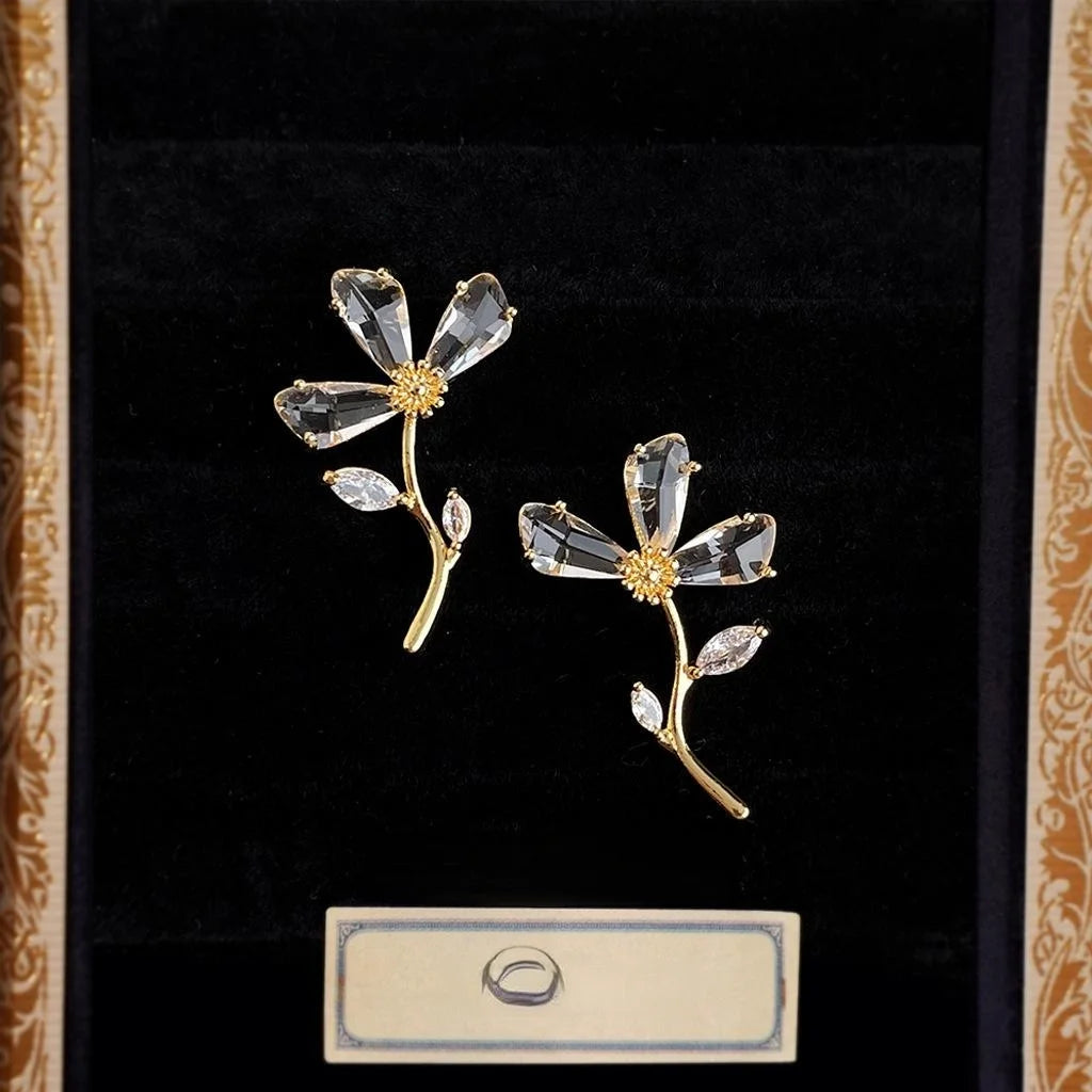 Sweet Floral Zircon Drop Earrings For Women Elegant Fashion Flower Jewelry