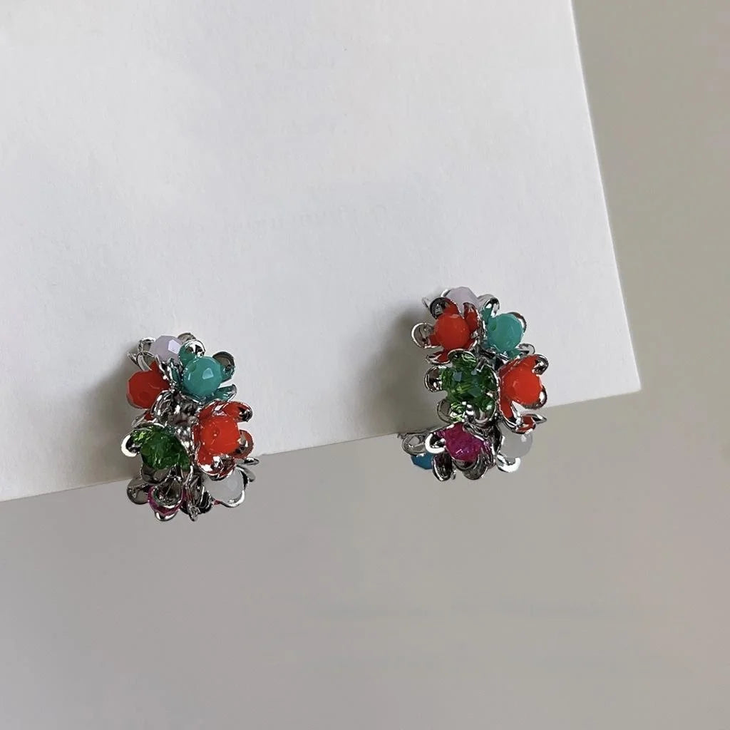 Colorful Glass Flower Hoop Earrings Copper C Shape Vacation Style Sweet Floral Jewelry