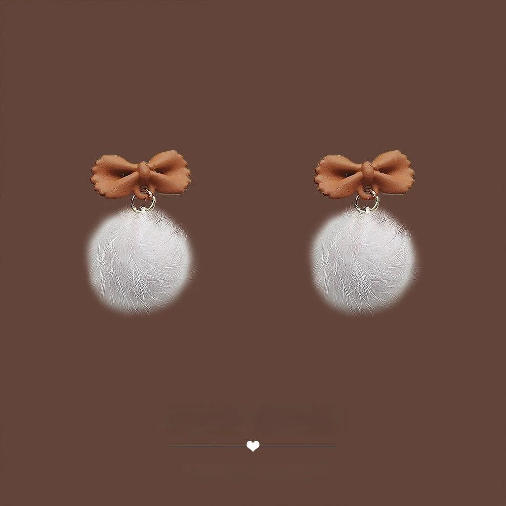 Winter Brown Bow Pom Pom Stud Earrings With Silver Plated Pins Elegant Women's Ear Jewelry