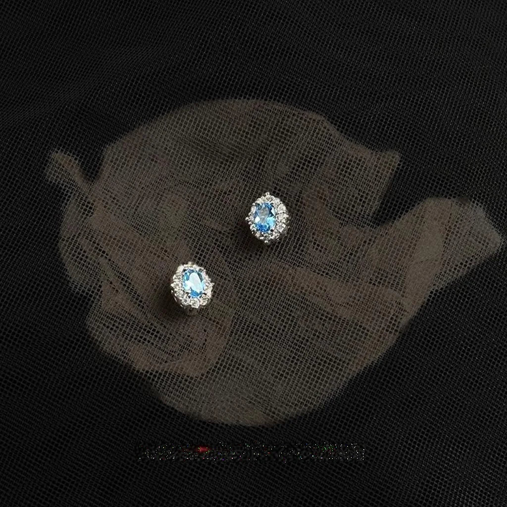 Silver Plated Copper Aquamarine Zircon Oval Stud Earrings, Simple Geometric Light Luxury Jewelry