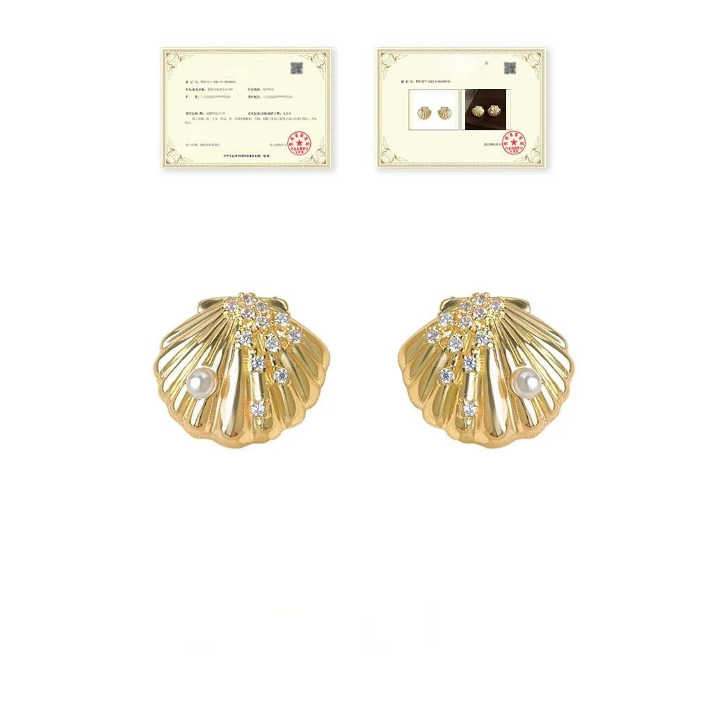 14K Gold Plated Copper Shell Stud Earrings With Micro Pave Zircon Ocean Star Luxury Style