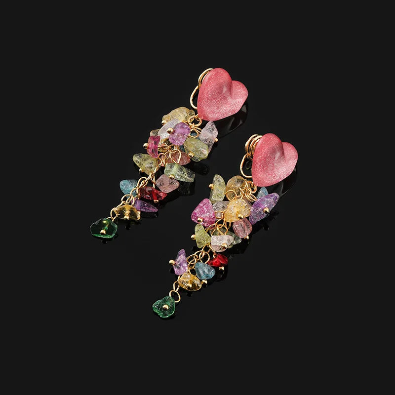 Pink Heart Colorful Crystal Chip Long Tassel Alloy Stud & Clip On No Piercing Earrings