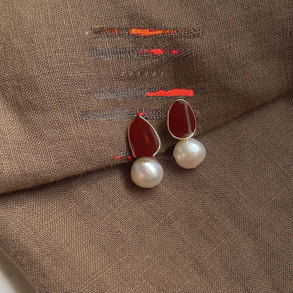 Baroque Irregular Freshwater Pearl Stud Earrings, 14K Plated Copper Burgundy Enamel Jewelry