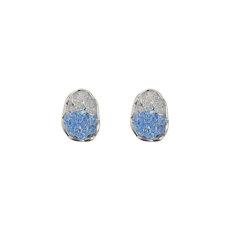 Glacier Blue Glass Crystal Gradient Silver Plated Oval Geometric Luxury Stud Earrings
