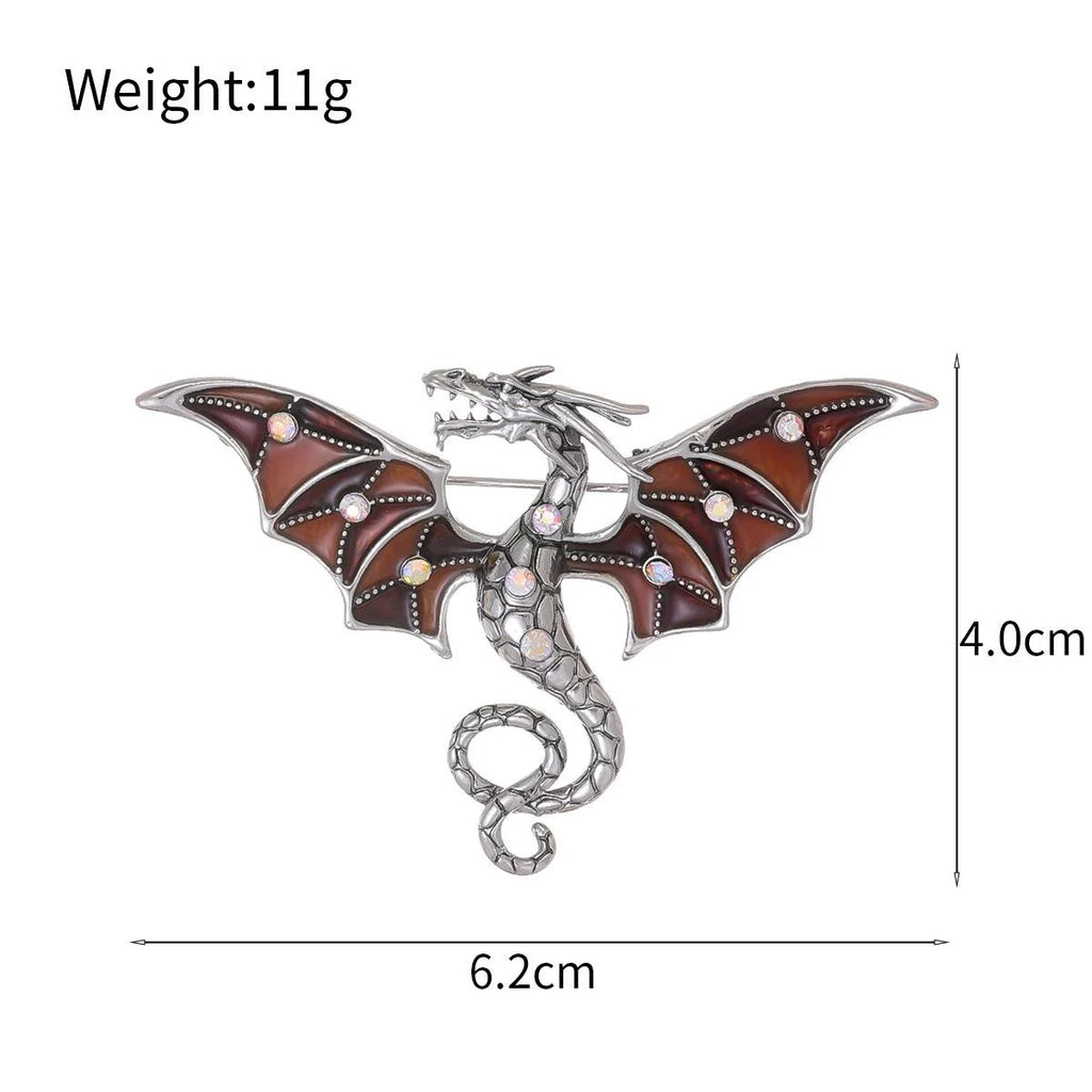 Vintage Enamel Flying Dragon Brooch With Rhinestone Wings, Luxury Alloy Lapel Pin Suit Accessory Gift