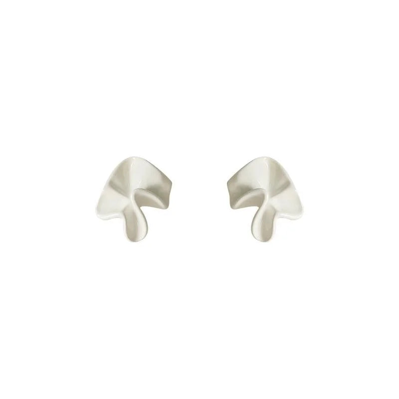 Milky White Metal Stud Earrings With Silver Plated Pins, Enamel Irregular Geometric Pleated Design