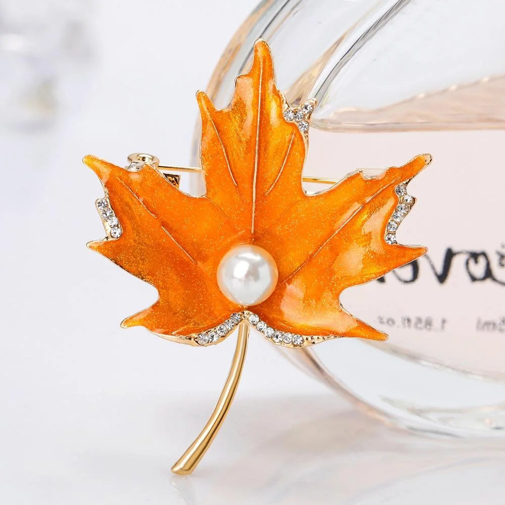 Elegant Orange Enamel Maple Leaf Brooch With Rhinestones And Pearl, Alloy Lapel Pin Corsage Suit Accessory