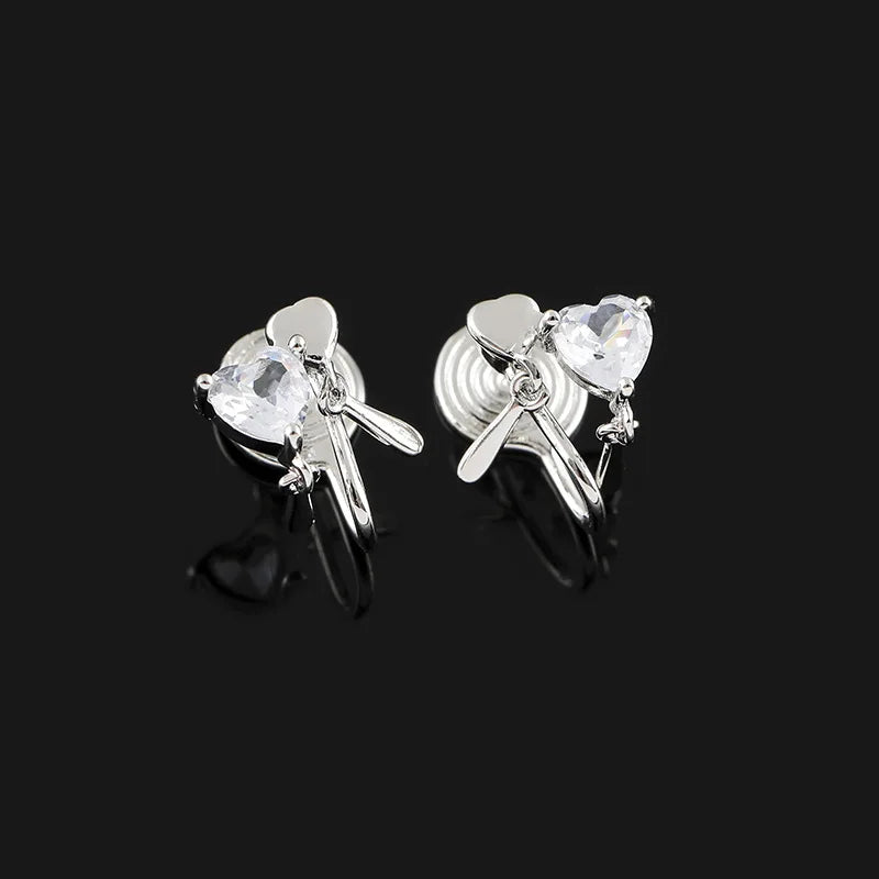 Elegant Tiny Heart Zircon Dangle Stud & Clip On No Piercing Silver Alloy Sparkle Love Earrings