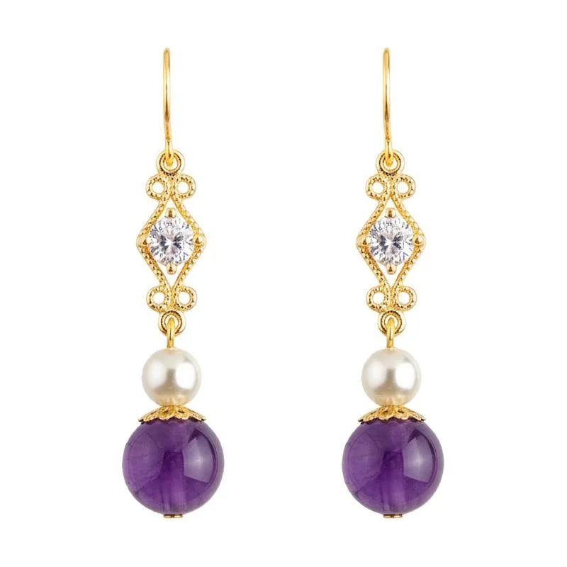 Vintage Palace Style Geometric Amethyst Zircon Pearl Copper Drop Earrings