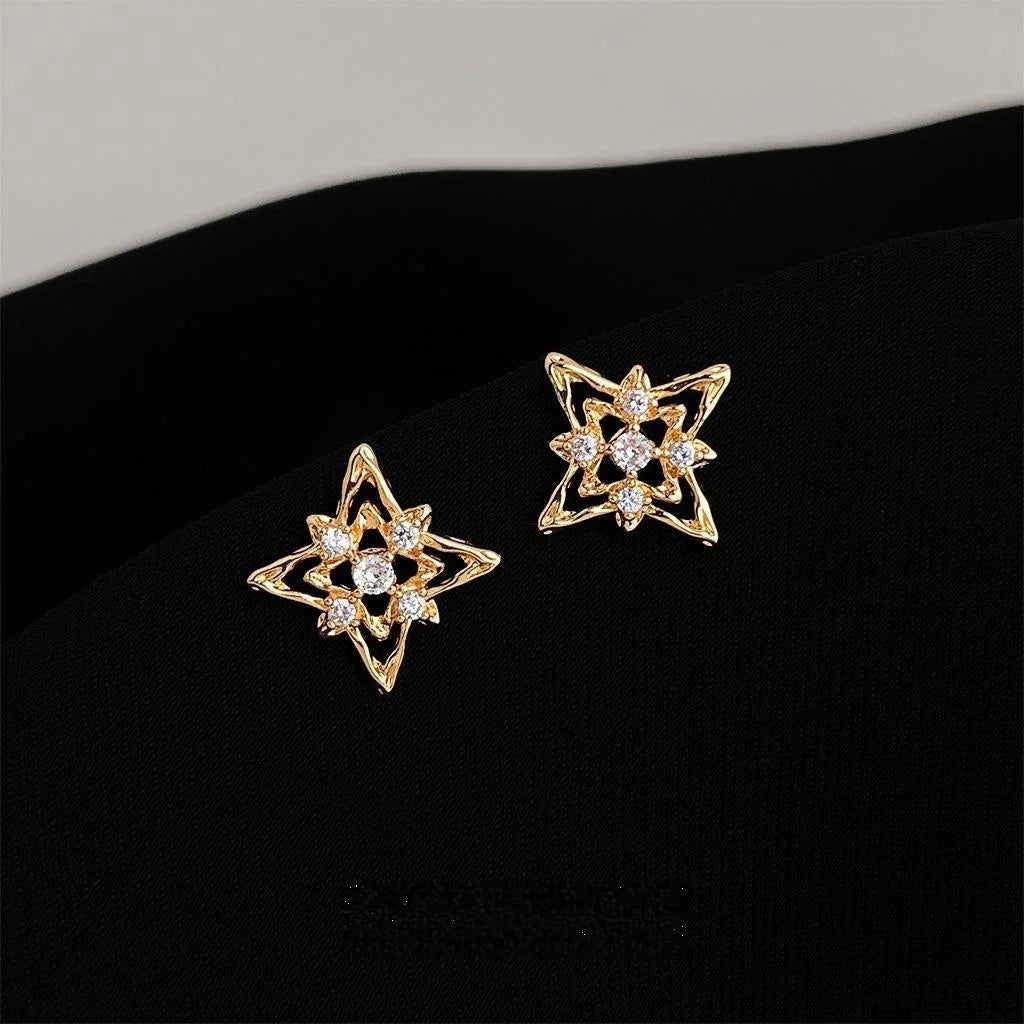 Designer 14K Plated Copper Star Stud Earrings Micro Pave Zircon Old Money Style
