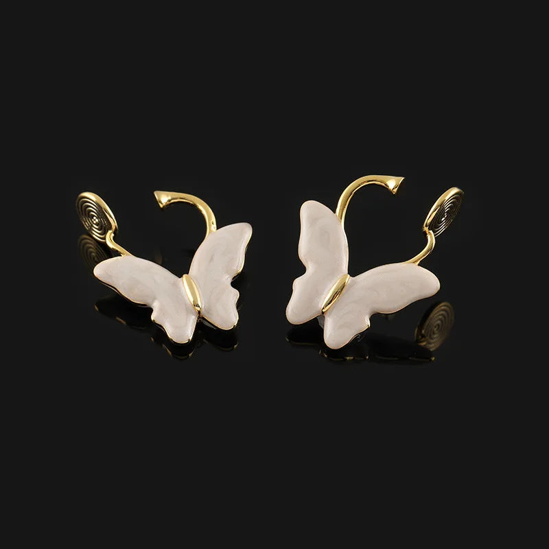 Elegant Cream Enamel Butterfly Alloy Stud & Clip On No Piercing Light Luxury Ear Cuff Drop Earrings