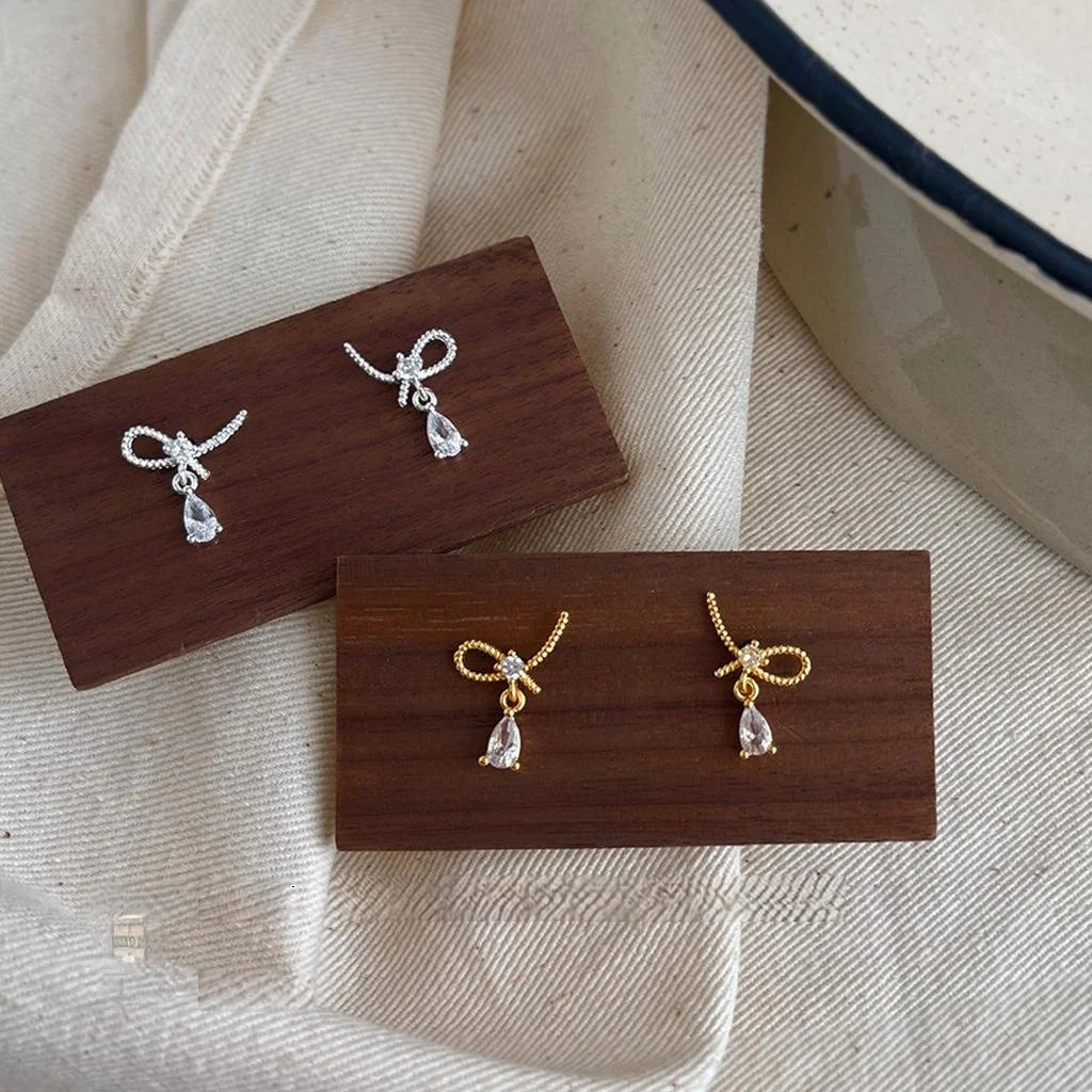 14K Plated Copper Bow Knot Waterdrop Micro Pave Zircon Stud Earrings