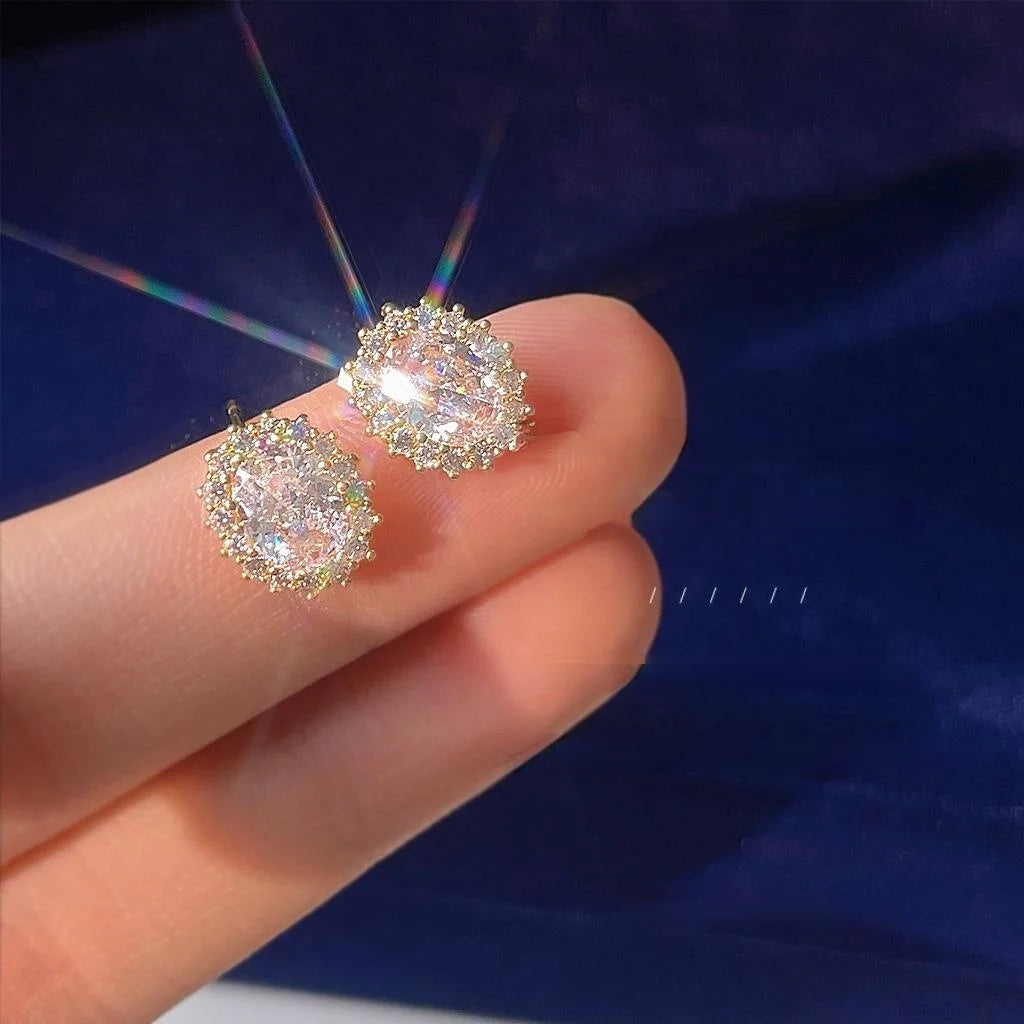 14K Gold Plated Copper Irregular Oval Micro Pave Zircon Stud Earrings