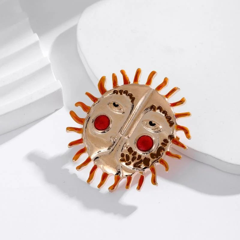 Vintage Baroque Sun Face Alloy Enamel Brooch With Red Rhinestone Cheeks, Elegant Lapel Pin Suit Accessory