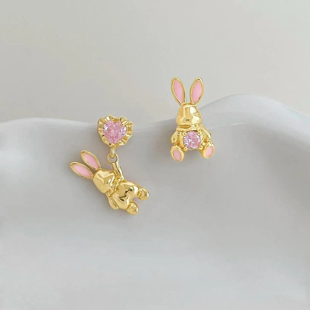 Cute Asymmetric Rabbit Drop Earrings With Zircon Inlay, Enamel Copper