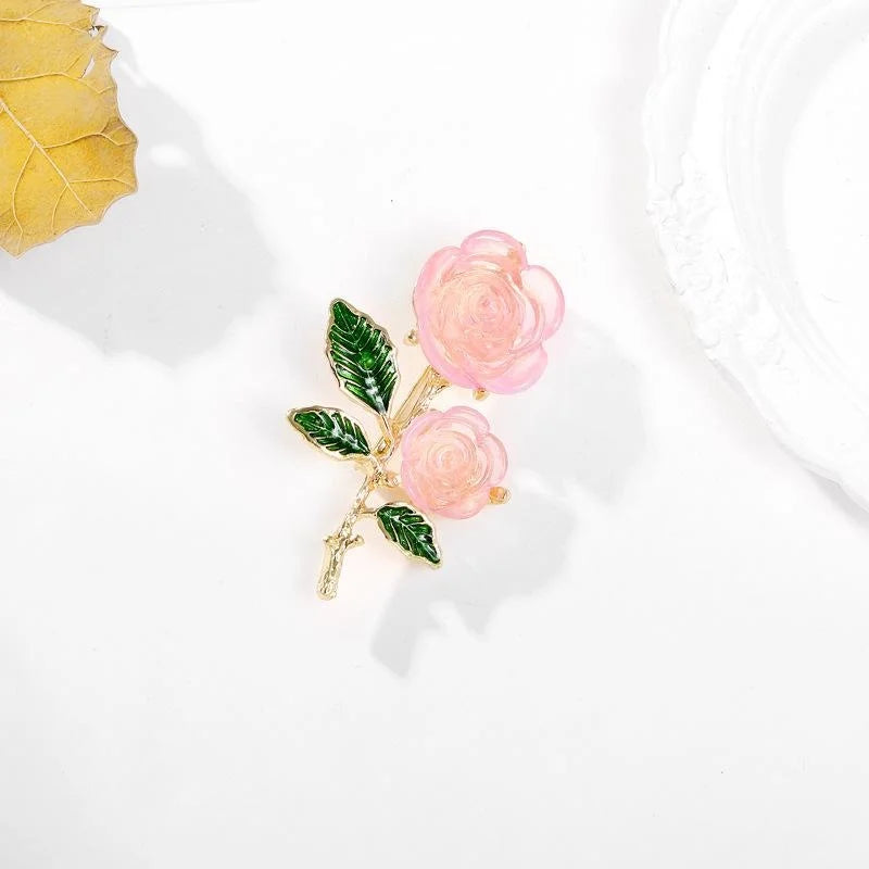 Elegant Pink Rose Flower Brooch With Green Enamel Leaves, Gold Alloy Lapel Pin Corsage Suit Accessory