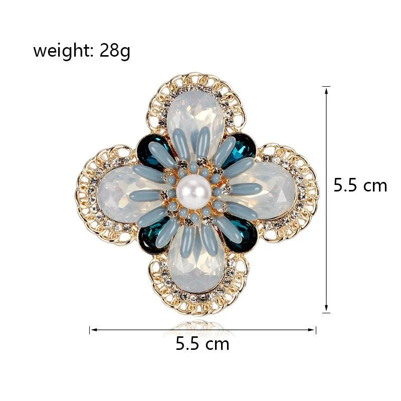 Vintage Four Leaf Clover Flower Brooch With Opal Rhinestones And Faux Pearl Elegant Lapel Pin Gift