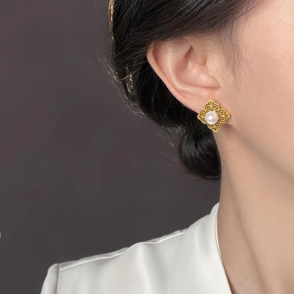 Vintage Chinese Style 14K Plated Copper Glass Pearl Geometric Floral Stud Earrings