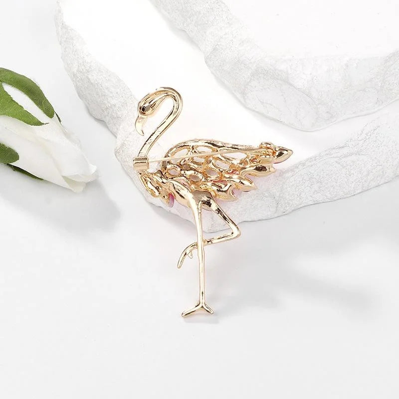 Luxury Rhinestone Flamingo Brooch With Pink Crystal Wings, Elegant Animal Lapel Pin Corsage Suit Accessory