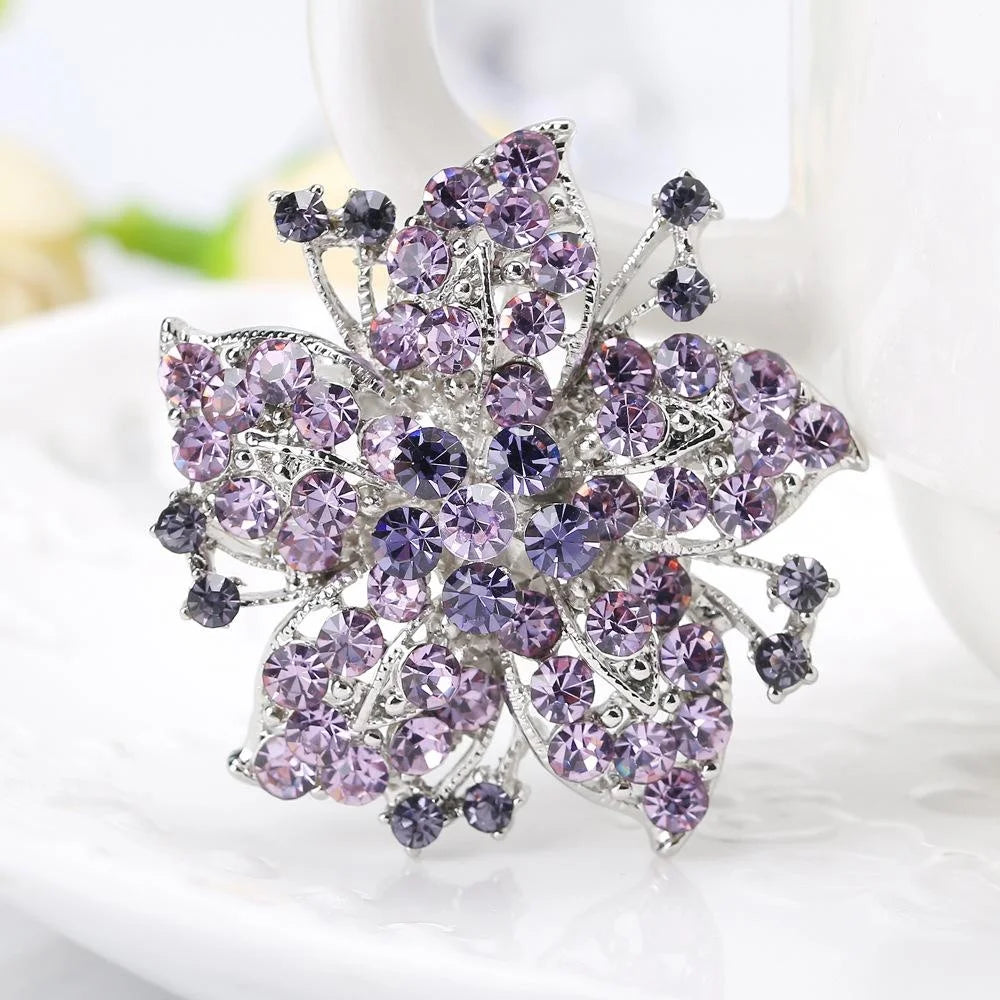Elegant Purple Rhinestone Crystal Flower Brooch Pin, Silver Alloy Lapel Corsage For Wedding Suit Gift