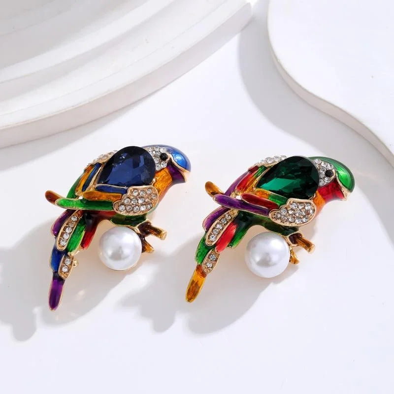 Elegant Enamel Parrot Bird Brooch With Rhinestones And Faux Pearl, Colorful Animal Lapel Pin Gift