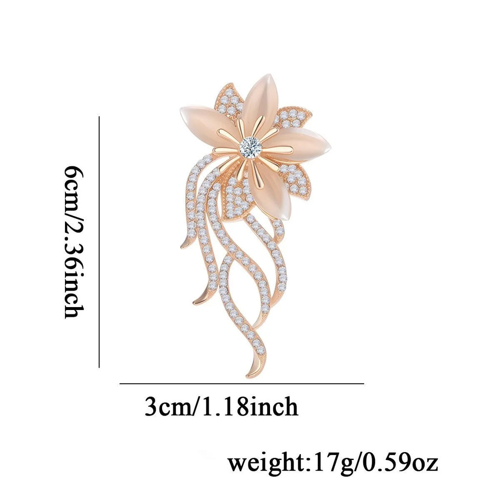 Elegant Rose Gold Alloy Orchid Flower Brooch With Cat Eye Stone And Rhinestones, Luxury Lapel Pin Corsage Gift