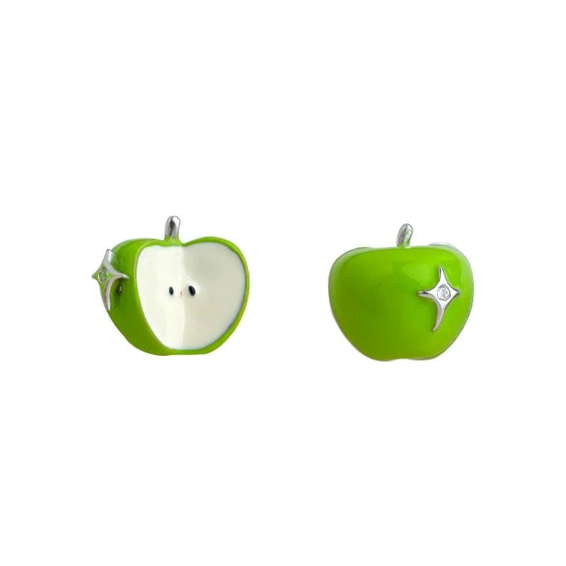 Asymmetric Green Apple Stud Earrings Copper Enamel Zircon Starburst Style for Women