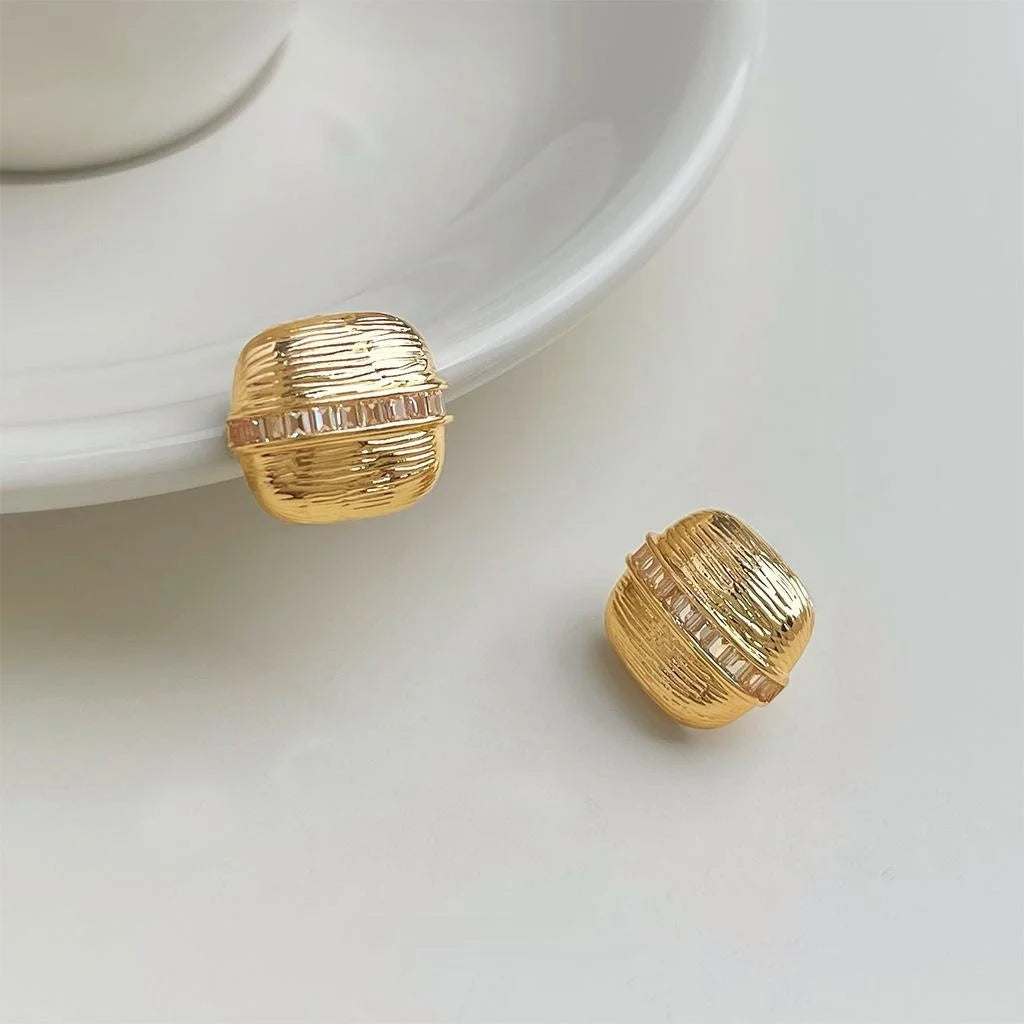 Vintage French Style Textured Square Copper Stud Earrings With Micro Pave Zircon For Women