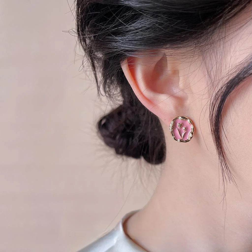 Sweet Pastoral Copper Tulip Flower Stud Earrings Pink Green Spring Garden Floral Jewelry