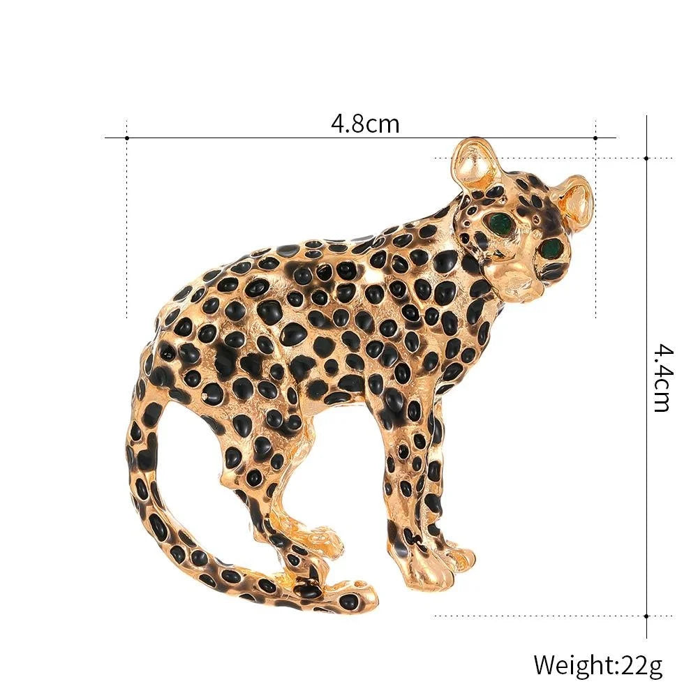 Vintage Gold Plated Alloy Leopard Brooch With Green Eyes, Enamel Animal Lapel Pin Suit Accessory Gift