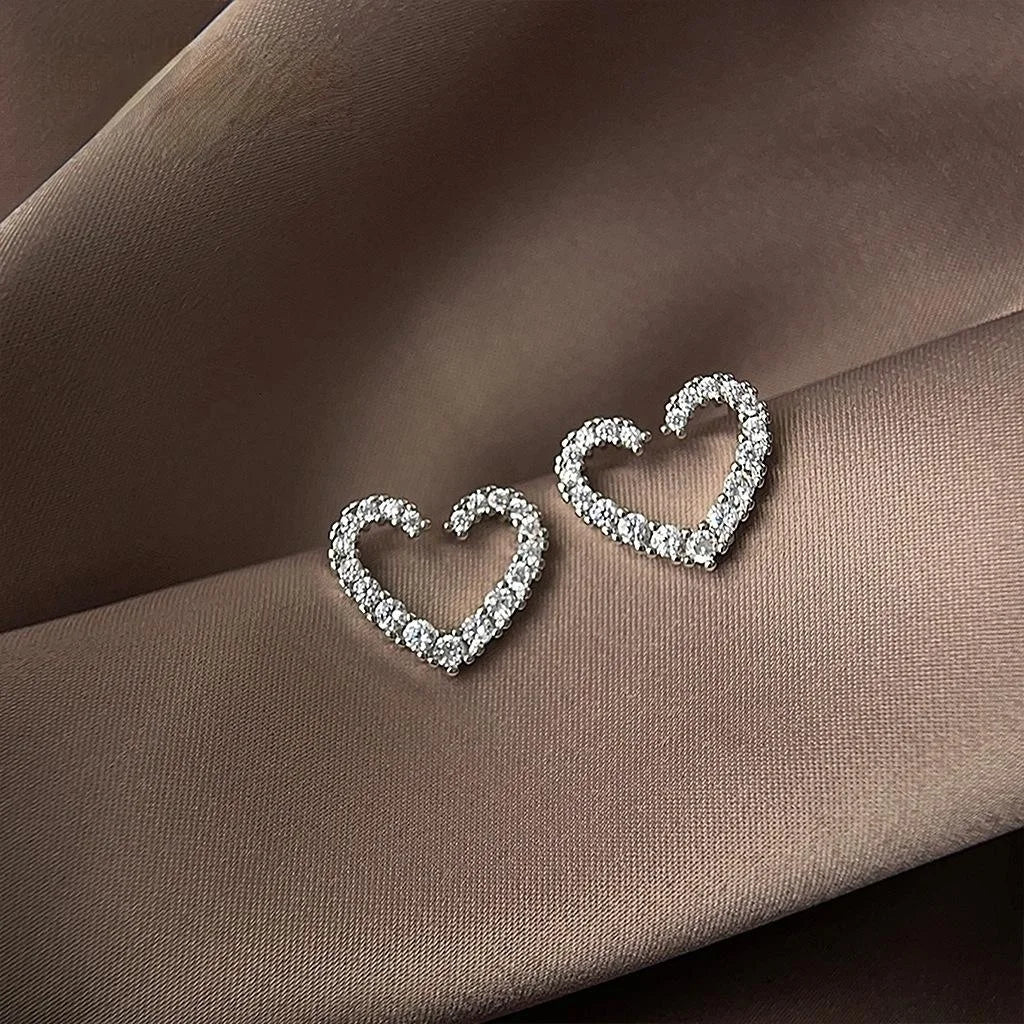 Elegant Copper Micro Pave Zircon Hollow Heart Stud Earrings Minimalist Line Design
