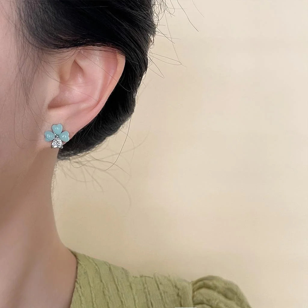 Mint Green Flower Stud Earrings With Zircon Inlay Resin Copper Sweet Fresh Style