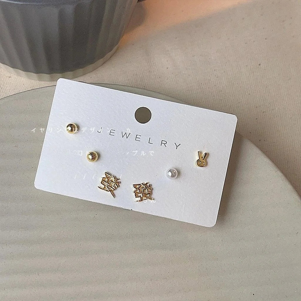 Minimalist 6 Piece Copper Stud Earrings, Gold Bead Rabbit And Good Fortune Text